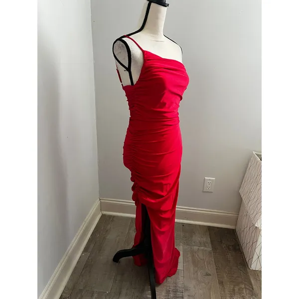 Lulus One Shoulder Maxi Dress Red Satin Asymmetrical Hem sz Small Party Wedding - Image 12