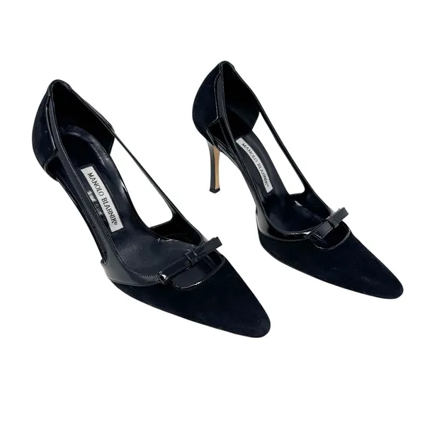 Manolo Blahnik Black Suede Patent D’Orsay Pumps Bow Detail Women’s EU 38.5 - Image 2