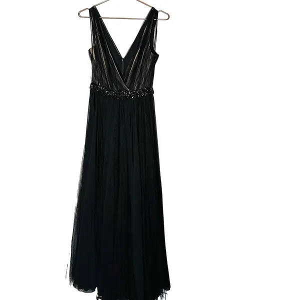 Badgley Mischka Black pleated Tulle Chiffon V-neck Gown size 2 - Image 4
