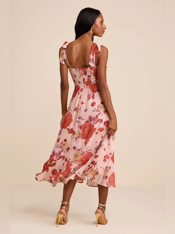 LULU’S Summer Invite Blush Pink Floral Tie-Strap Tiered Midi Dress - Image 5