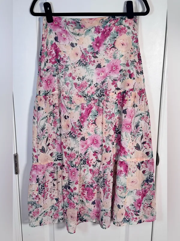 En Saison Fleur Midi Skirt M Free People Pink Floral Tiered Cottagecore Romantic - Image 5