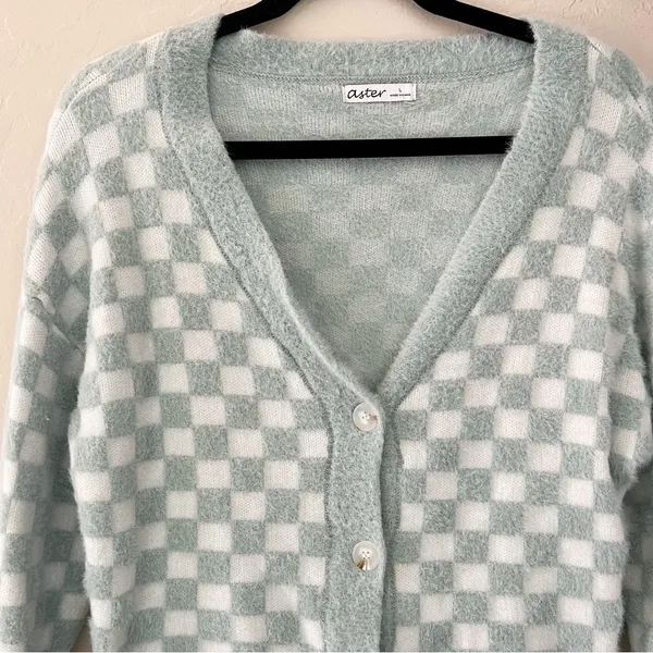 Aster Checkered Knit Cropped Cardigan Sweater Blue Size L - Image 2