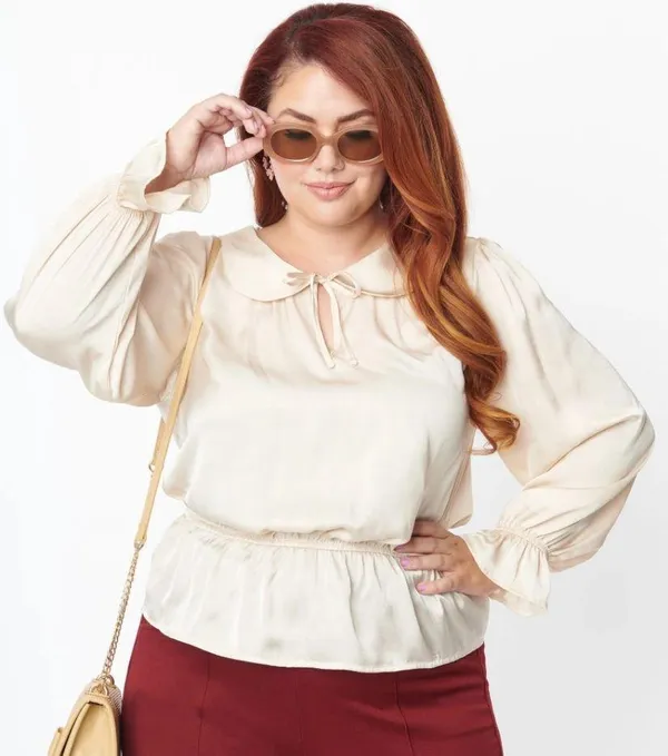 Unique Vintage NWT Champagne Satin Peplum Blouse X-LARGE - Image 3