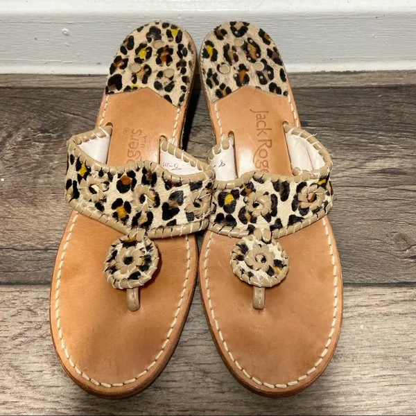 Jack Rogers Jacks Sandals Haircalf Flat Padded Thong 1/2” Heel Leopard Print 8 - Image 3