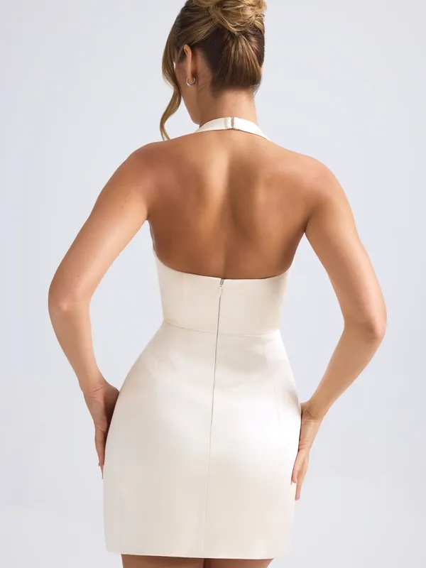 Oh Polly Harmonia Halterneck Structured Tulip Mini Dress in Ivory - Image 3