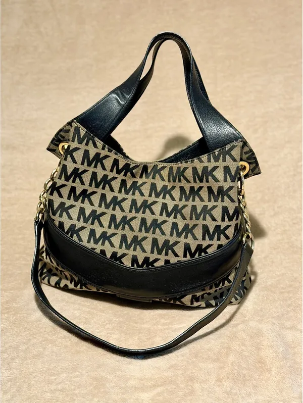 Michael Kors MK Signature Jacquard Hobo Shoulder Bag Black Beige Gold - Image 9