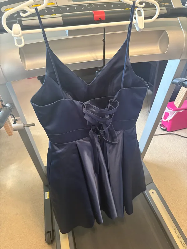 Navy Satin V-Neck Spaghetti Strap Skater Dress - Image 2