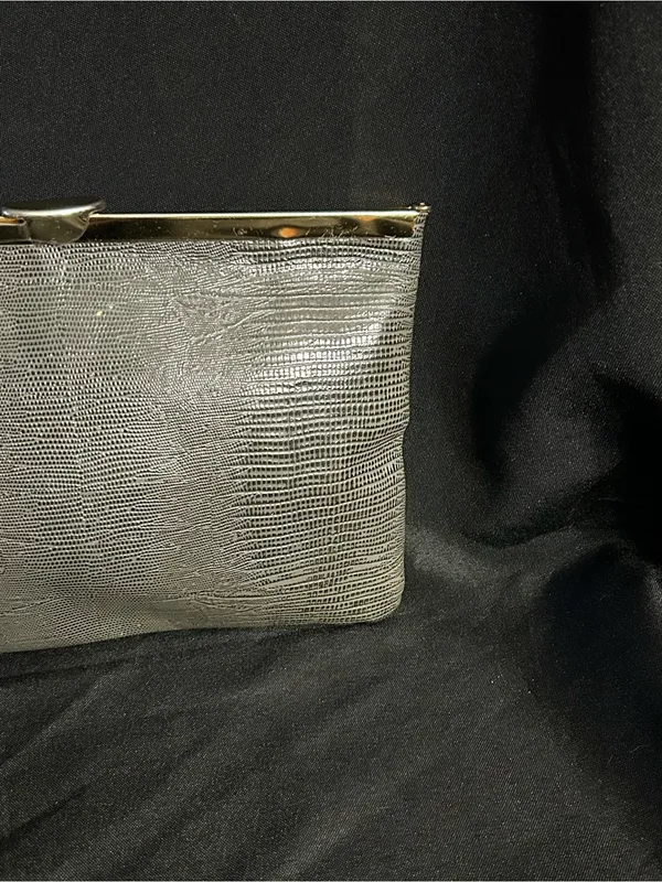 Vintage Textured Grey Clutch with Gold Frame - Image 7