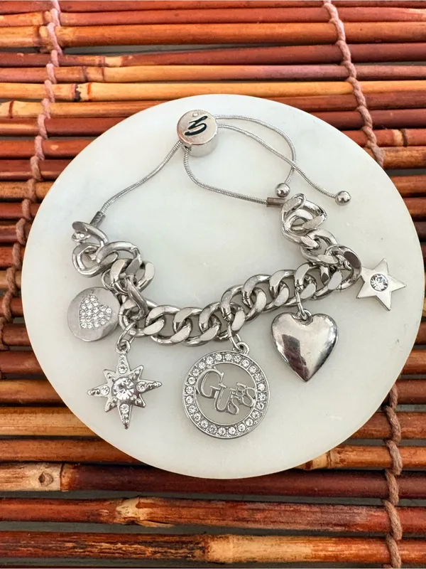 Guess Silver-Tone Charm Bracelet with Logo and Heart Adjustable Slider 7”-8” - Image 3