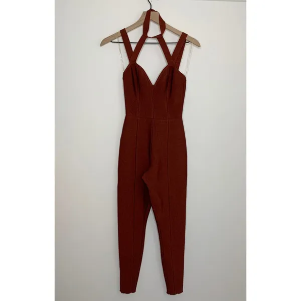 House of CB Cypresa Rust Lurex Collar Strap Jumpsuit Women’s Size XS - Image 3