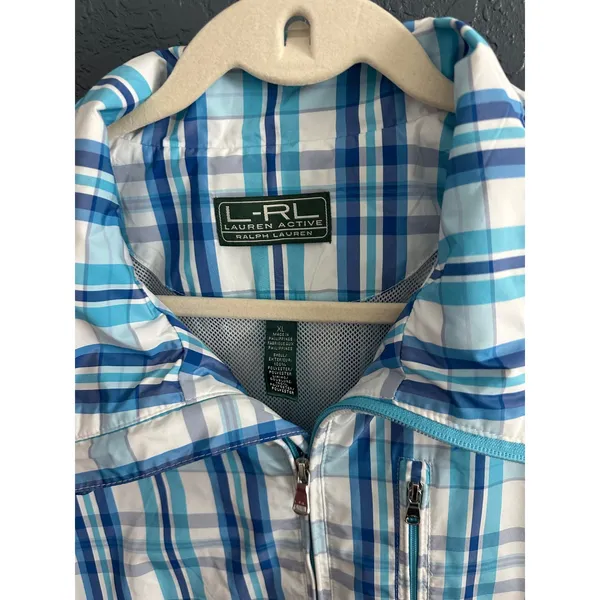 Lauren Active Ralph Lauren Blue White Plaid Windbreaker Jacket XL‎ Full Zip Mesh - Image 2