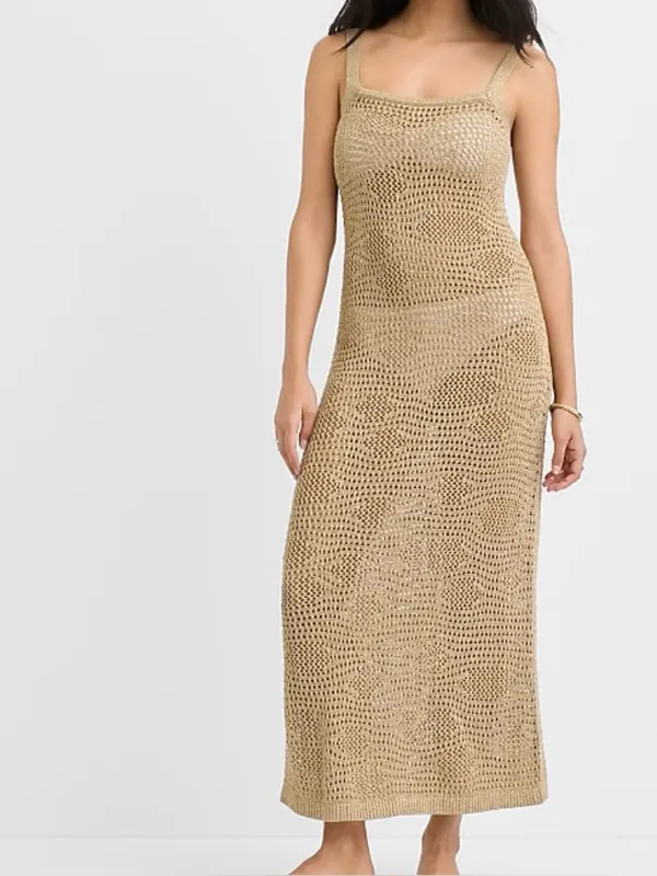 LOFT Beach Swimsuit Coverup Pointelle Sweater Maxi Gold New - Image 8