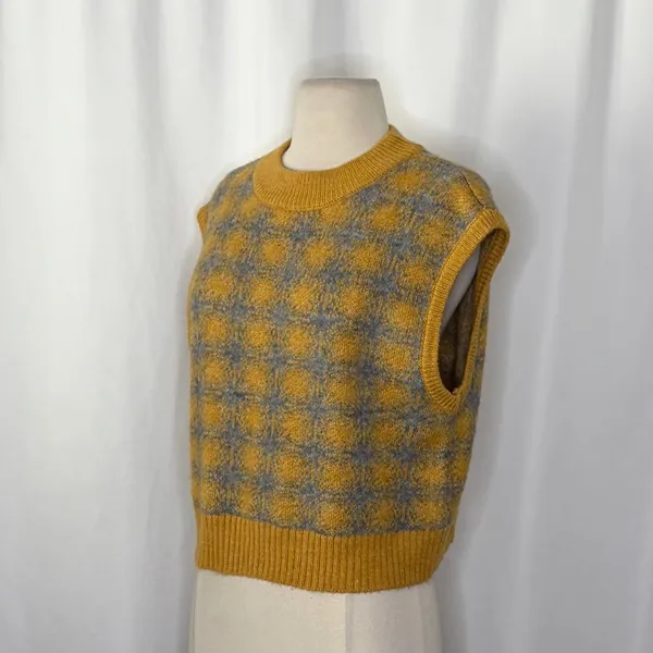 ZARA Chunky Wool Sweater Vest Plaid Star Pattern Yellow Gray Academia Small - Image 6