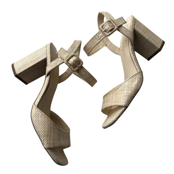 Jessica Simpson Woven Raffia Block Heel Sandals Beige Square Toe Ankle Strap 8.5 - Image 3