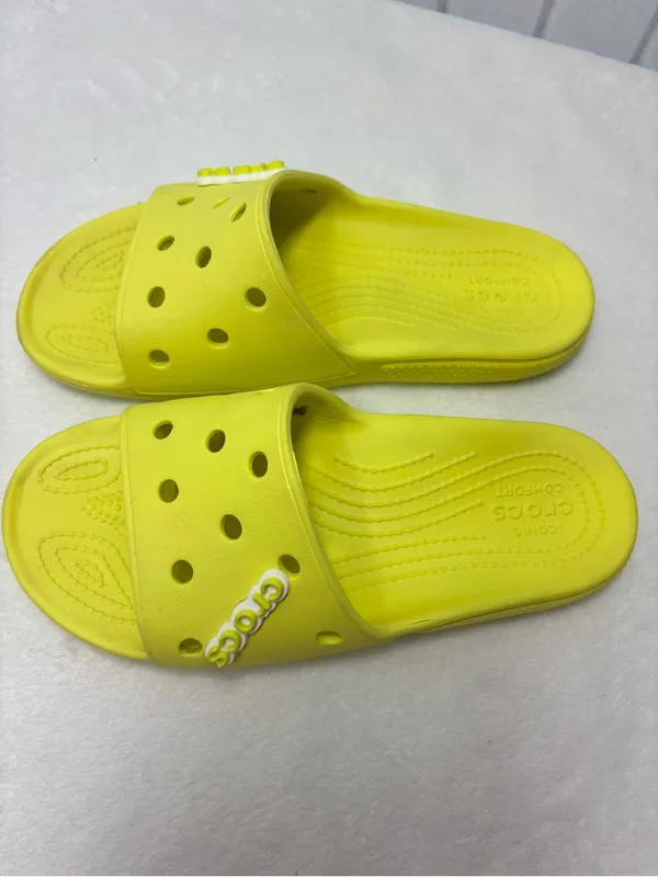 CROCS‎ Bright Neon Yellow Slide Sandals Women size 7 Men size 5 - Image 2
