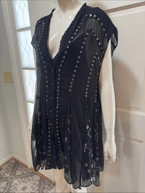 Free People Aston Black Studded Button-Front Sheer Tunic Dress Size Medium. A1 - Image 9