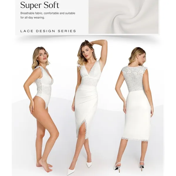 NWT Popilush Lace Bodysuit‎ White Deep V Thong Shapewear Tummy Control Small - Image 3