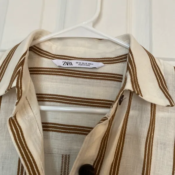 ZARA boho cream tan striped linen buttoned belted collared shirt midi dress XS - Image 8