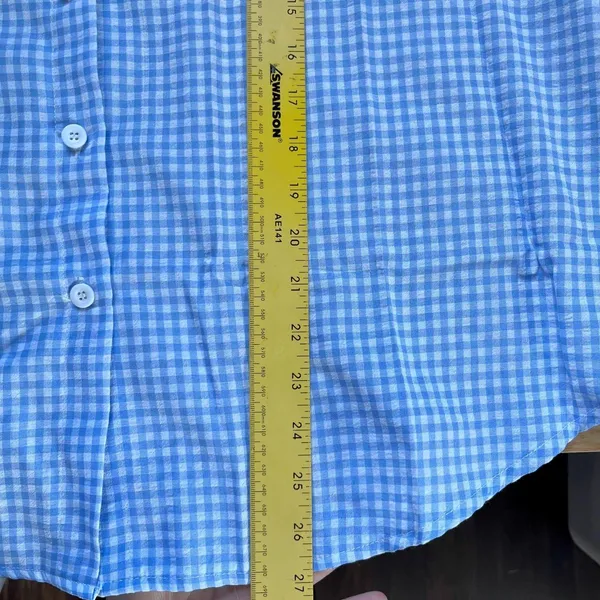 100% Linen Lightweight Button Up Blouse Shirt Blue White Gingham Plaid XXL - Image 6