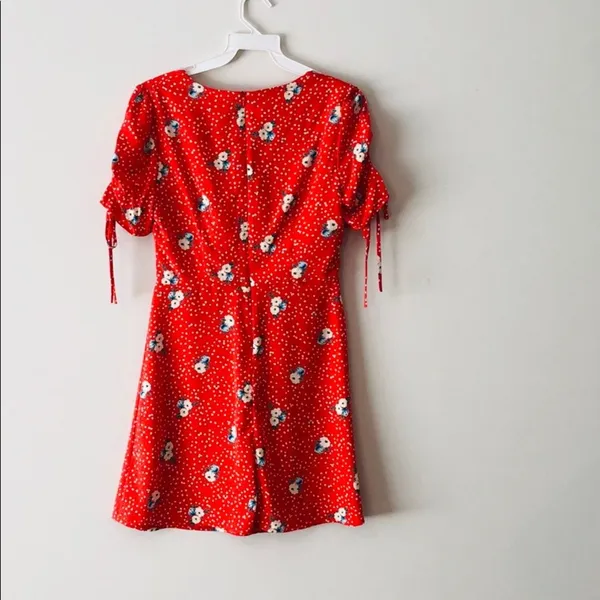 Red Floral Mini Dress Ruched Tie Front Lined Back Zip - Image 7