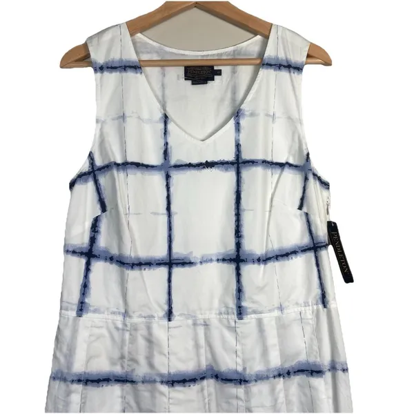 Pendleton Sleeveless A-line Dress‎ Size 12 White Blue Plaid Check Pleated NWT - Image 5