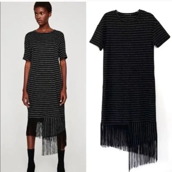 ✨ZARA Trafaluc Knit Fringe Striped Midi Tee Sz Small Dress✨ - Image 2