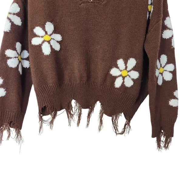 Just Polly New York Brown Daisy Floral Knit Frayed Hem Pullover Sweater Large - Image 8