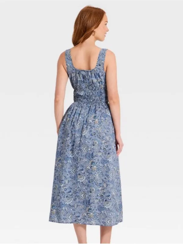 Women's Cotton Midi Pullover Sundress - Universal Thread Blue Floral Medium NWT - Image 2