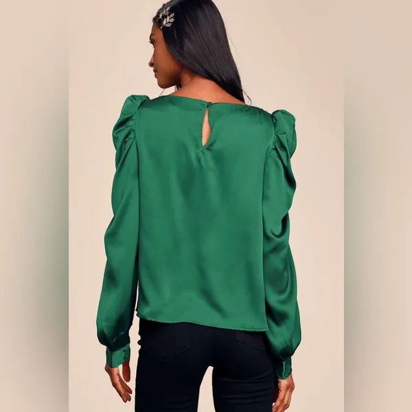 Lulus Love You Dearly Forest Green Satin Long Sleeve Top - Image 2