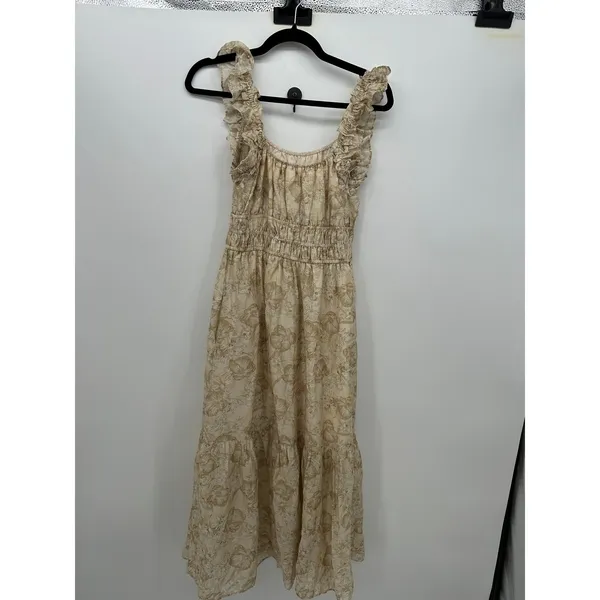 Melloday Tan Floral Smocked Waist Ruffle Strap Tiered Midi Dress S Cottagecore - Image 3