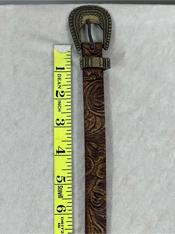 Hand-Tooled Brown Leather Western-Style Belt w/Antique Brass Buckle s/m - Image 7