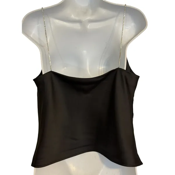 HOUSE OF HARLOW 1960 Black Satin Draped Neck Rhinestone Straps‎ Top EUC Small - Image 4