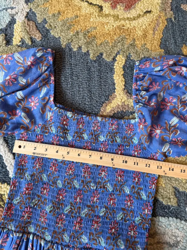 Oliphant Blue Floral Maxi‎ Dress with Puff Sleeves Size Medium - Image 2