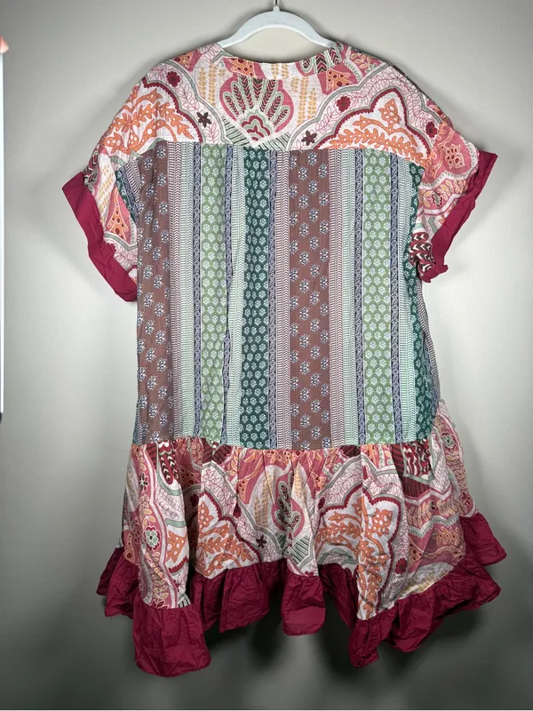 Boho Patchwork mixed floral print oversize SZ S ruffle mini dress by Blue Velvet - Image 7