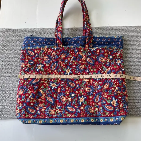 Vintage Handmade Quilted Red Blue Paisley Floral Padded Tote Shoulder Bag - Image 9