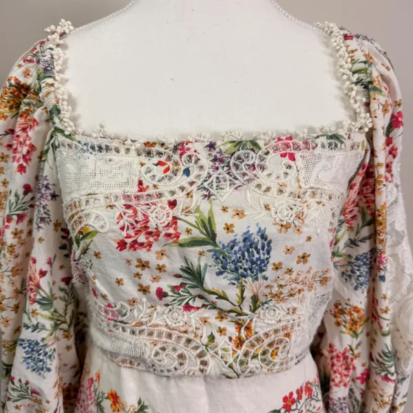 Farm Rio Tropical Floral Lace Mini Dress Puff Sleeve Square Neck Linen Small - Image 9