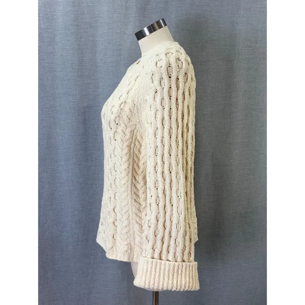 J.Crew Cream Openwork Cable Knit Cotton Sweater Bell Sleeve Large - Image 7