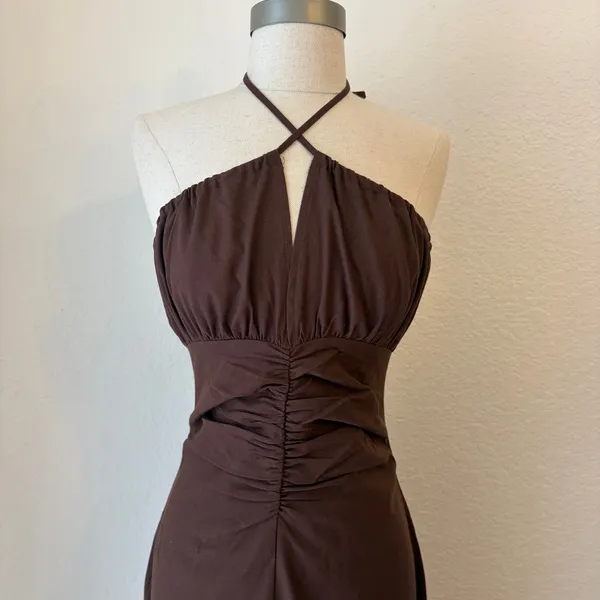 Riot Swim Dani Halter Maxi Dress S Ruched Backless Linen Resort Beach Brown NWT - Image 4