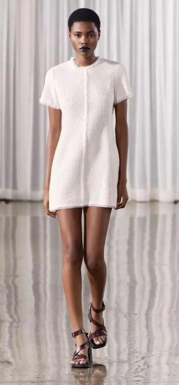 NWT❗️ZARA Elegant White Tweed Short Cutted Dress ZW Collection Mini Ivory Size M - Image 13