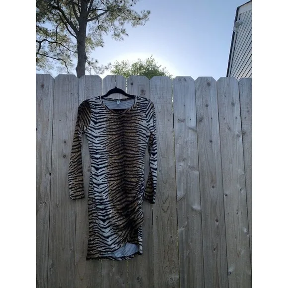 Grecerelle Tiger Print Bodycon Dress Size Small animal‎ long sleeve club summer - Image 2