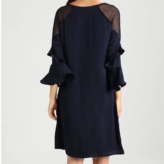 Evans Navy Blue Polka Dot Ruffle Lace Shoulder‎ Shift Dress Size 16 Bell Sleeve - Image 5