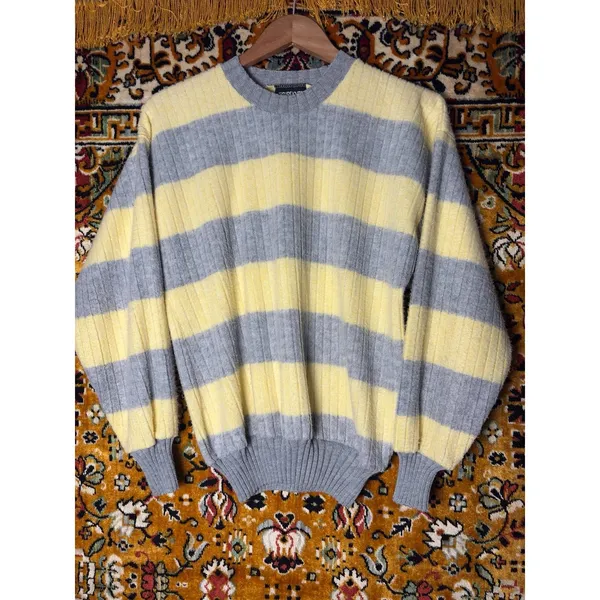 90s VTG Oversized Butter Yellow Striped Ribbed Crewneck Cotton Knit Sweater sz L - Image 10