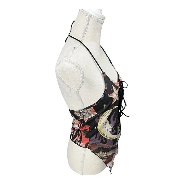 Romwe Black Multicolor Moon Floral Print Halter Top Size L Lace Up Open Back - Image 6