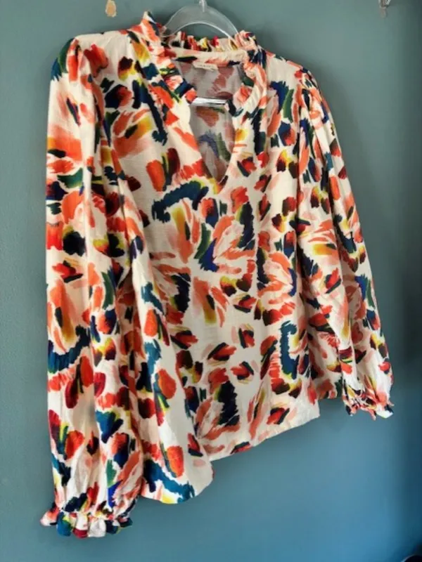 Jodifl Womens Long Sleeve Floral Ruffle V Neck Blouse M Boho Bright Statement - Image 4