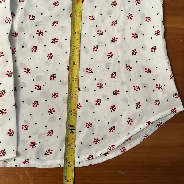 Loft Women's White‎ Red Green Berry Velvet Cuff Button Blouse Size Small - Image 9