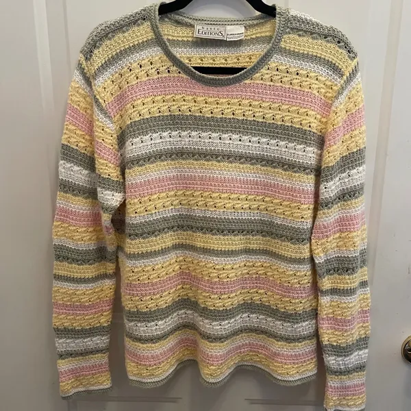 Basic Editions Vintage Striped Pointelle Knit Sweater Pastel XL USA‎ Cottagecore - Image 2