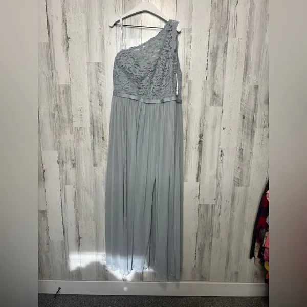 David’s Bridal One-Shoulder Lace Chiffon Gown – Misty Blue – Size 16 – NWT - Image 7