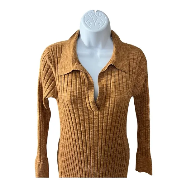 LOFT Brown Ribbed Polo Midi Knit Sweater Dress Size M Long Sleeve Pullover - Image 2