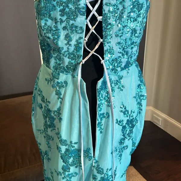 Women’s Blue Mermaid Fit Prom Party Dress Sparkly Sequins Leg Slit Size 12 - Image 7