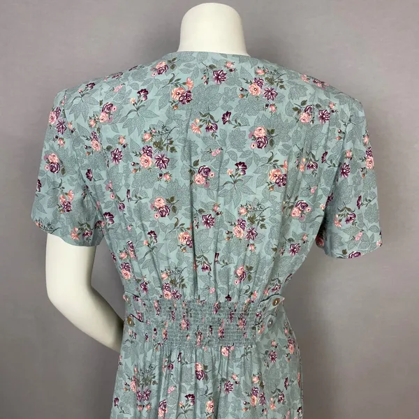 Vintage Floral Dress Shell Buttons Shirred Smocked Midi Cottagecore Summer Fall - Image 5